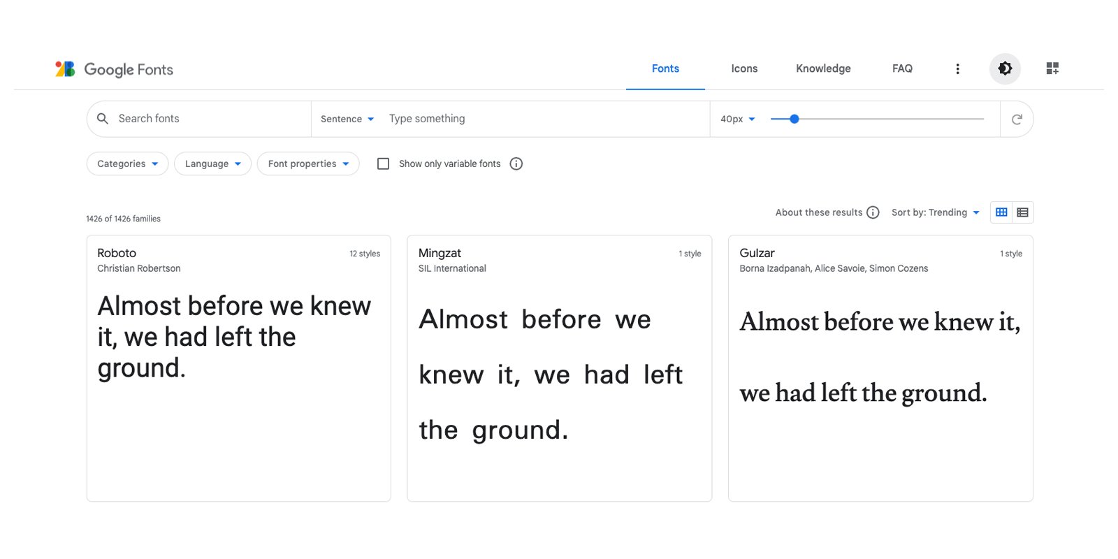 Screenshot from Google Fonts