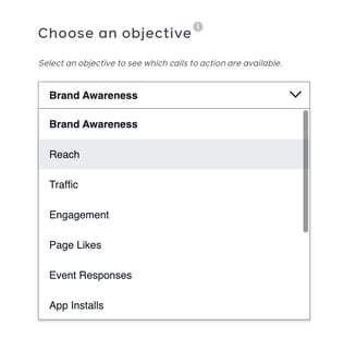 facebook choose objective dropdown menu