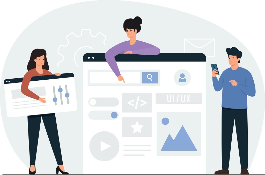 Vector flat illustration of web UI-UX design. Web development concept. Team designers creating functional web interface design for website.